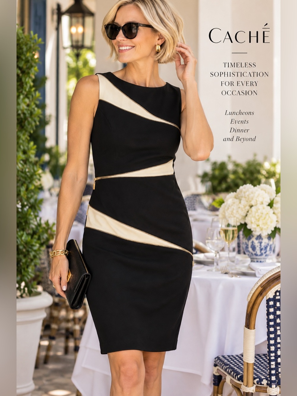 Cache Black and Cream Diagonal Panel Sheath Dress